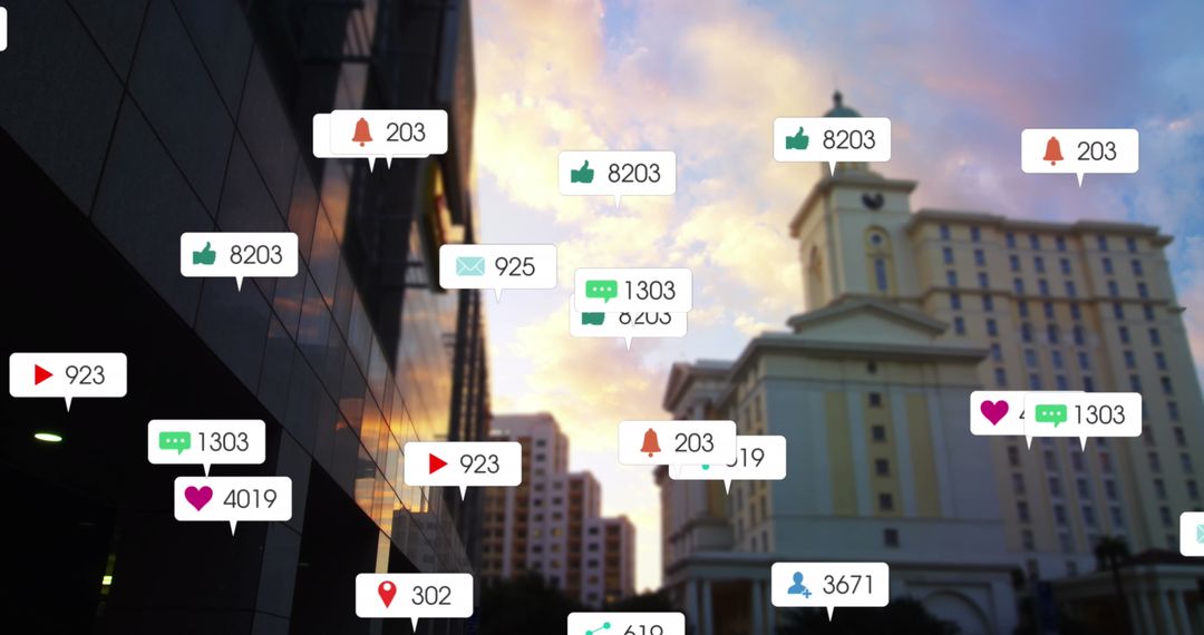Digital Notifications Floating Over Cityscape at Sunset