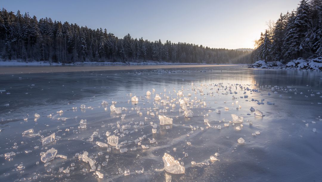 Golden Sunlight on Ice Chunks on Frozen Lake