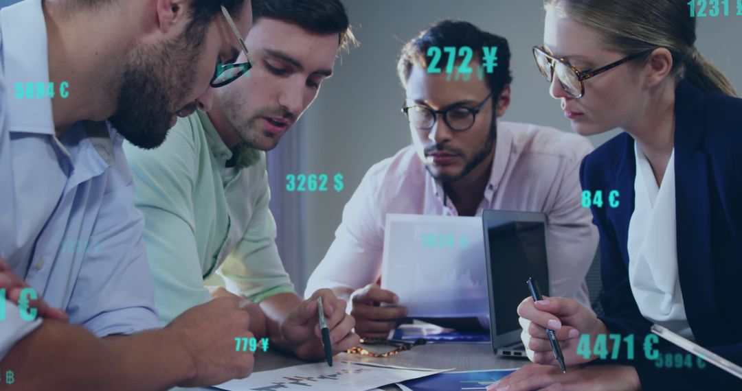 Diverse Team Analyzing Data in Modern Office with Digital Interface Overlay