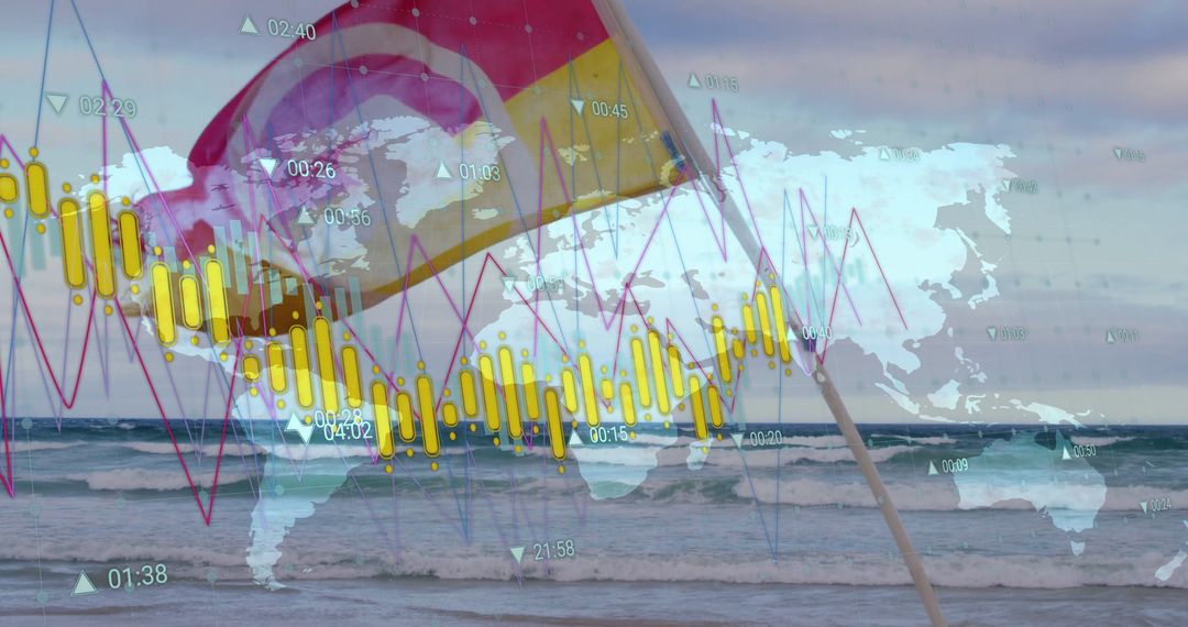 Global Financial Data Overlay with Flag by Ocean