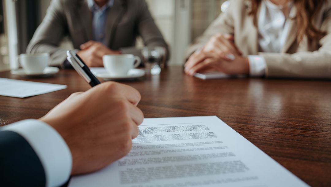 Business Contract Signing with Two Professionals in Formal Attire
