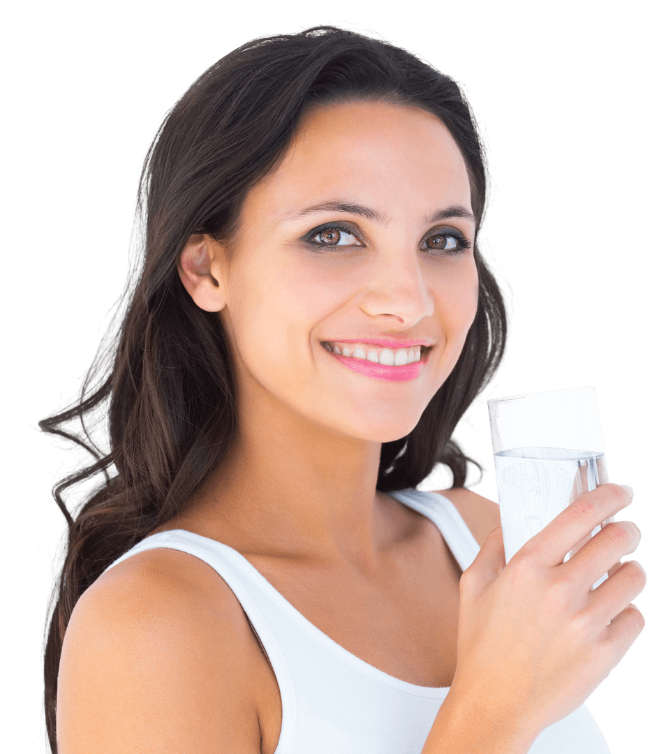 Smiling Woman Holding Glass of Water on Transparent Background