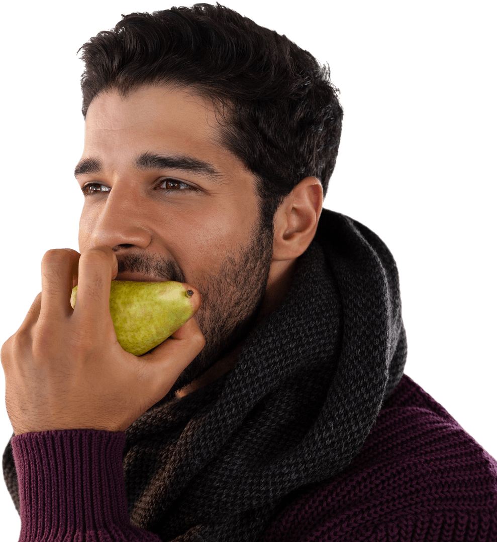 Transparent Image of Young Man Eating Fresh Pear