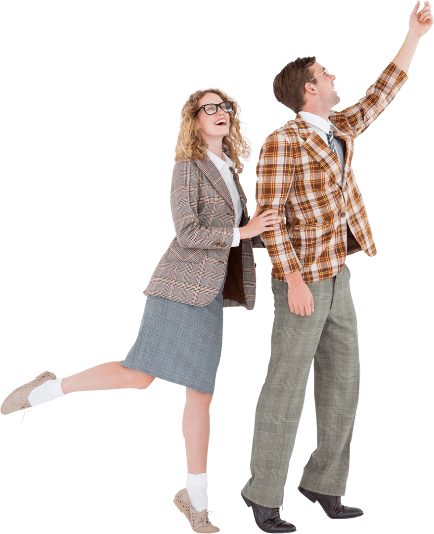 Transparent Happy Geeky Hipster Couple Excitedly Pointing Up
