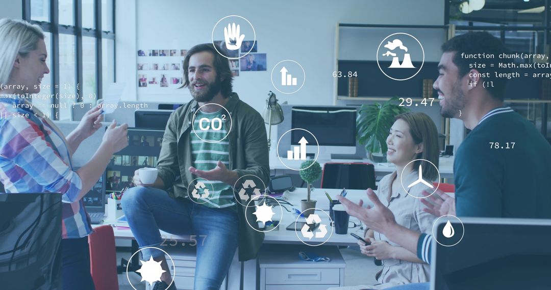 Diverse Coworkers Discussing Technology and Sustainability