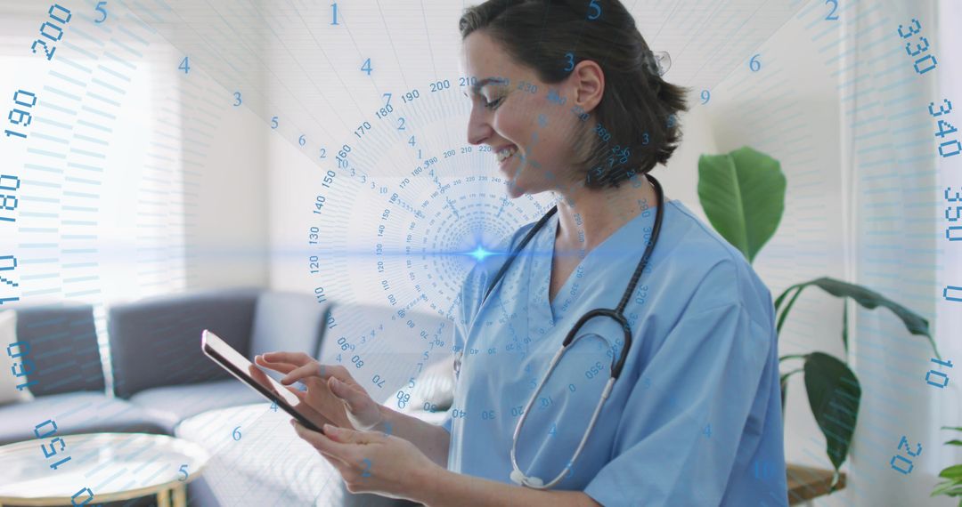 Smiling nurse tapping tablet while offering home care with stethoscope and digital overlay
