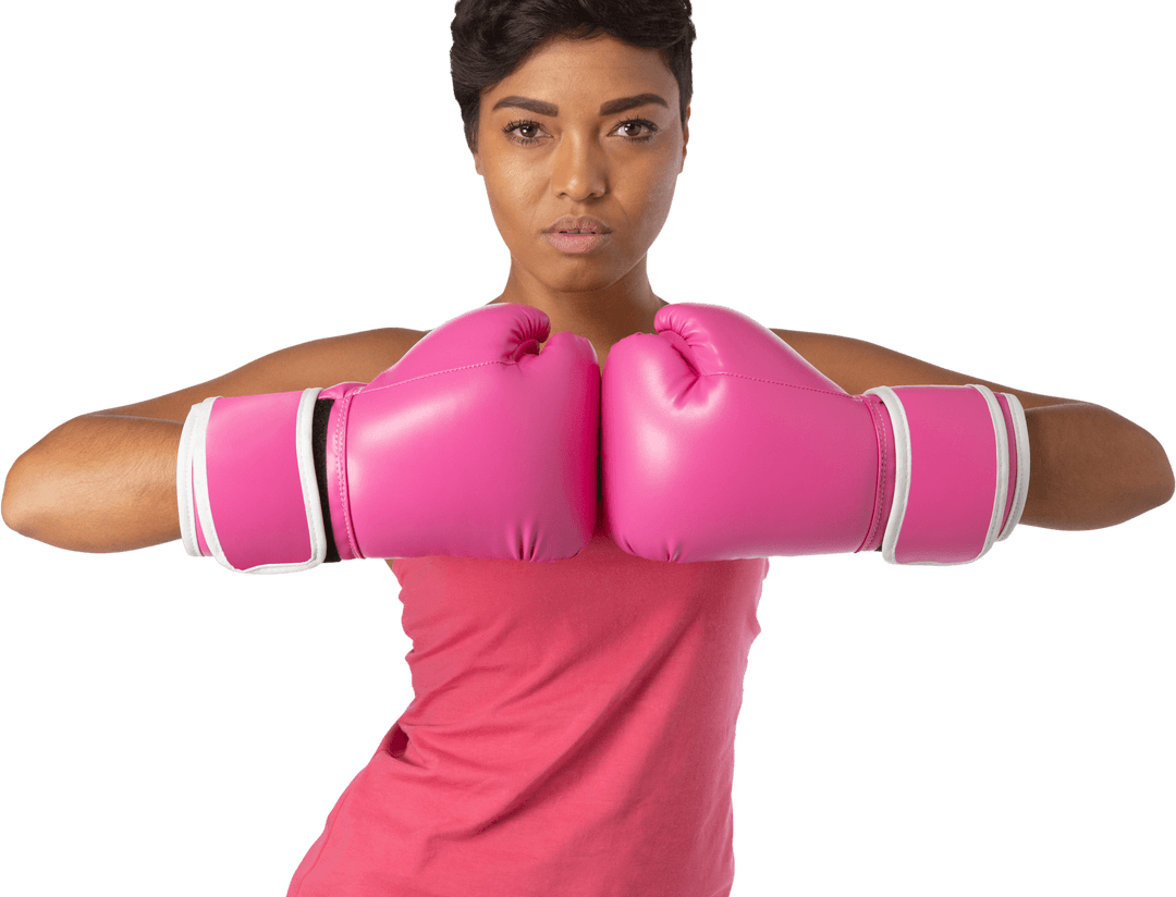 Female Boxer Posing with Pink Gloves on Transparent Background