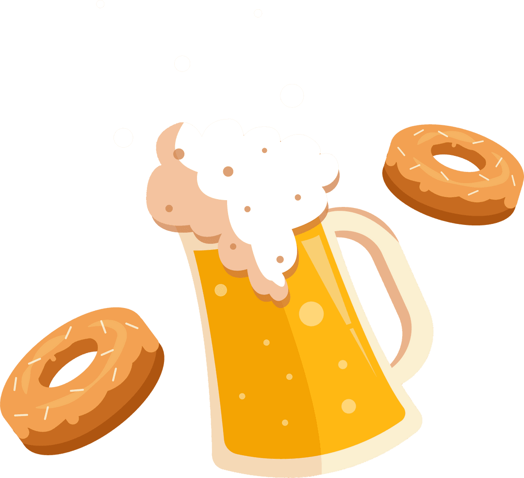 Transparent Beer Mug with Frothy Header and Glazed Donuts