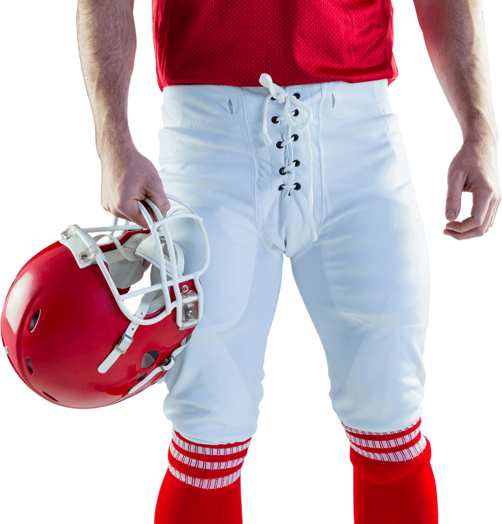 Athlete Holding Football Helmet in Transparent Athletic Attire