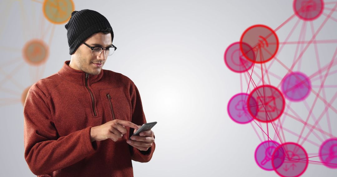 Young Man Interacting with Digital Interfaces on Smartphone in Innovative Environment