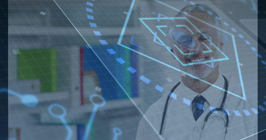 Senior Doctor Analyzing Futuristic Holographic Data in Medical Office