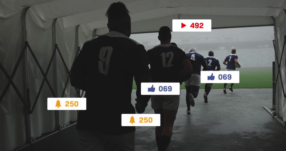 Rugby Players in Tunnel with Social Media Stats Overlay