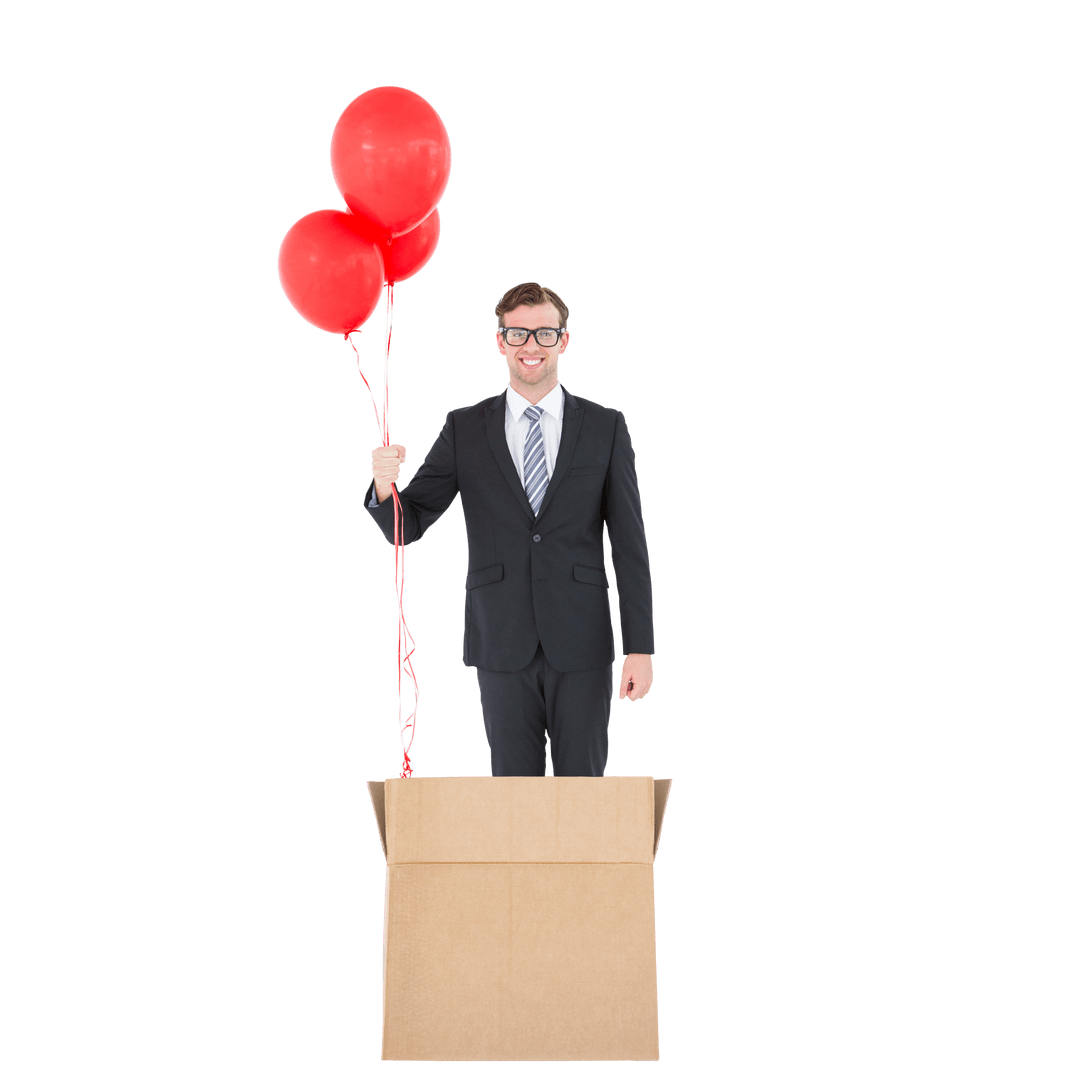 Businessman in Box with Red Balloons on Transparent Background