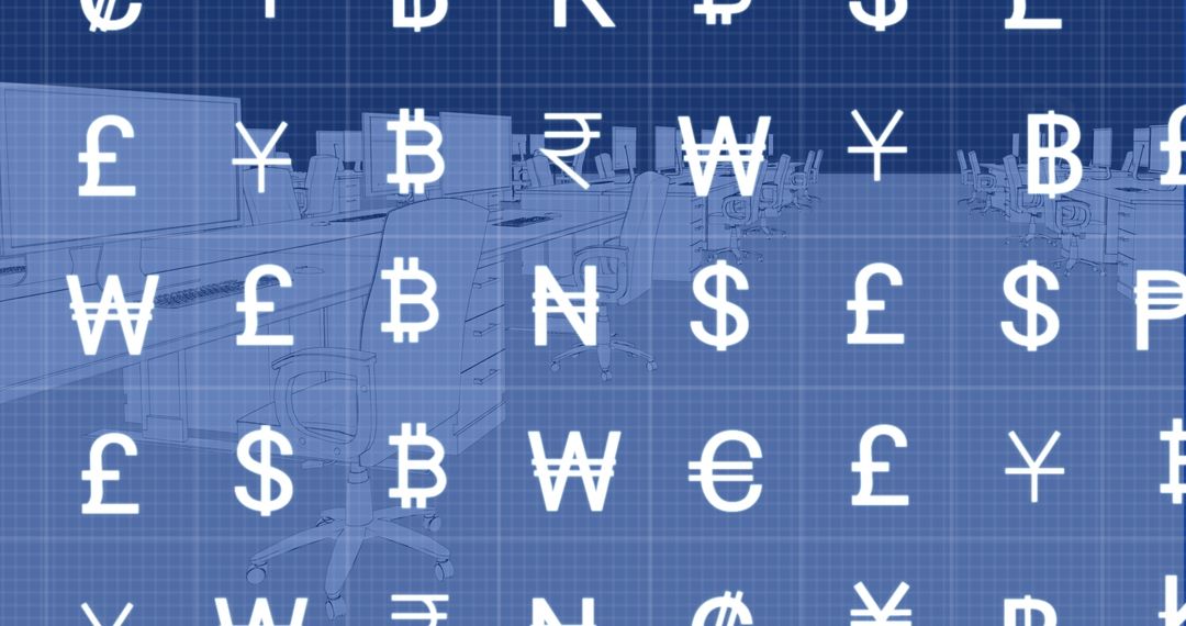 Global Currency Symbols Overlaying Empty Office Space