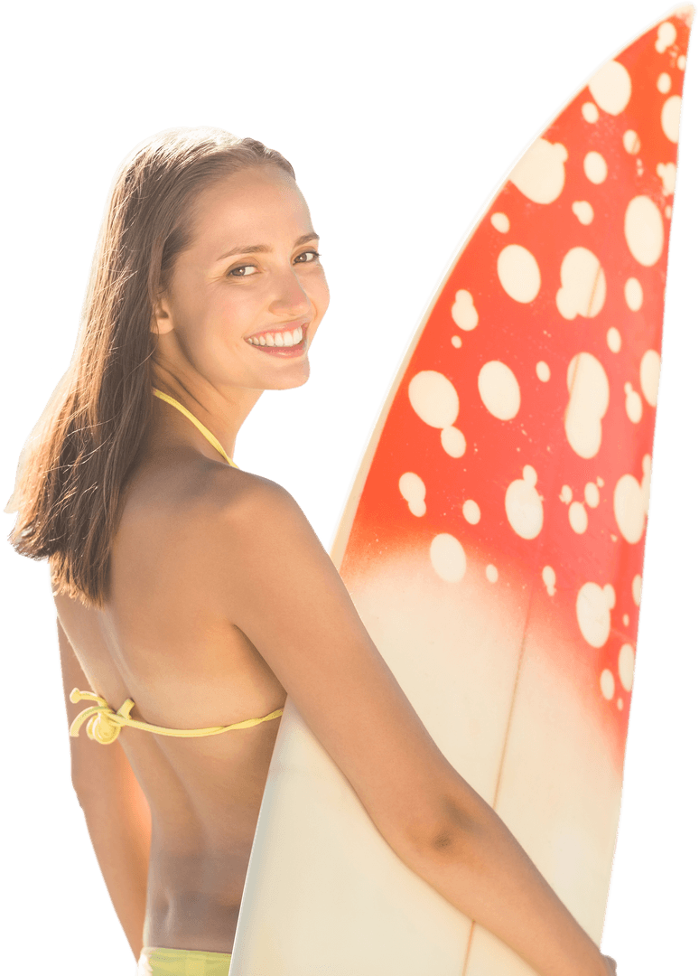 Smiling Woman Holding Surfboard Isolated on Transparent Background