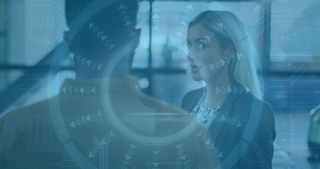 Business Meeting with Digital Interface Overlay in Modern Office