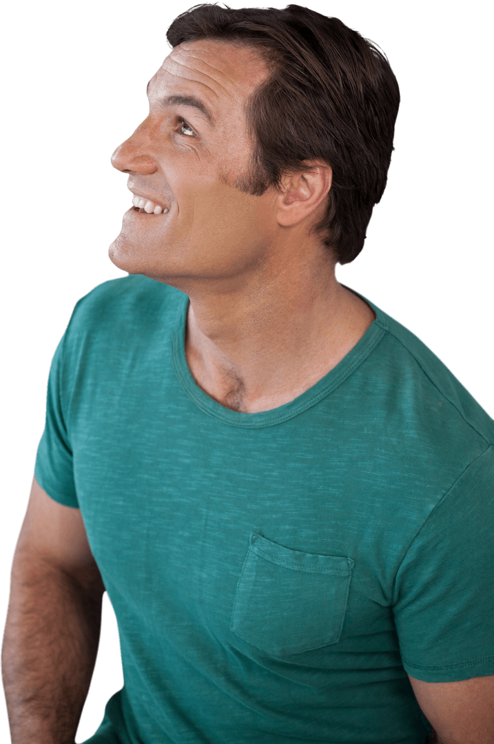 Thoughtful Mature Man Looking Up with Hopeful Smile Transparent Background