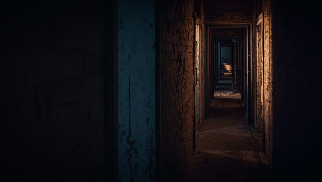 Abandoned Building Corridor with Sequential Open Door Views