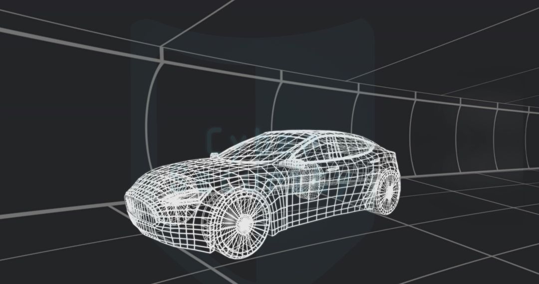Wireframe Sedan 3D Model in Futuristic Tunnel Grid, CAD Rendering for Design Visualization