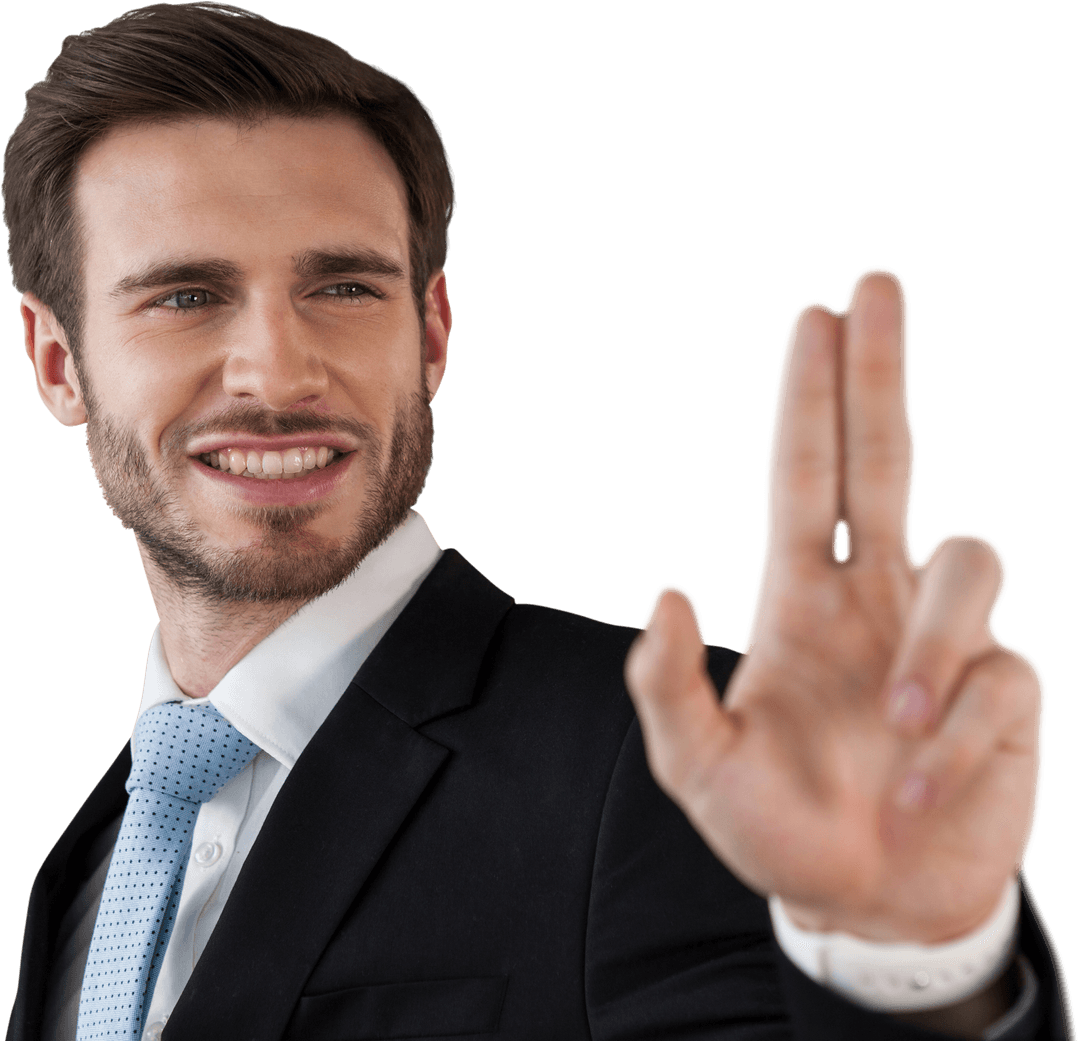 Transparent Interface Touch: Smiling Businessman Engaging in Digital Interaction