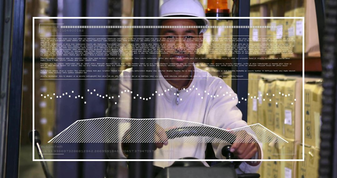 Warehouse operator navigating aisle with pallet truck and HUD overlay for logistics