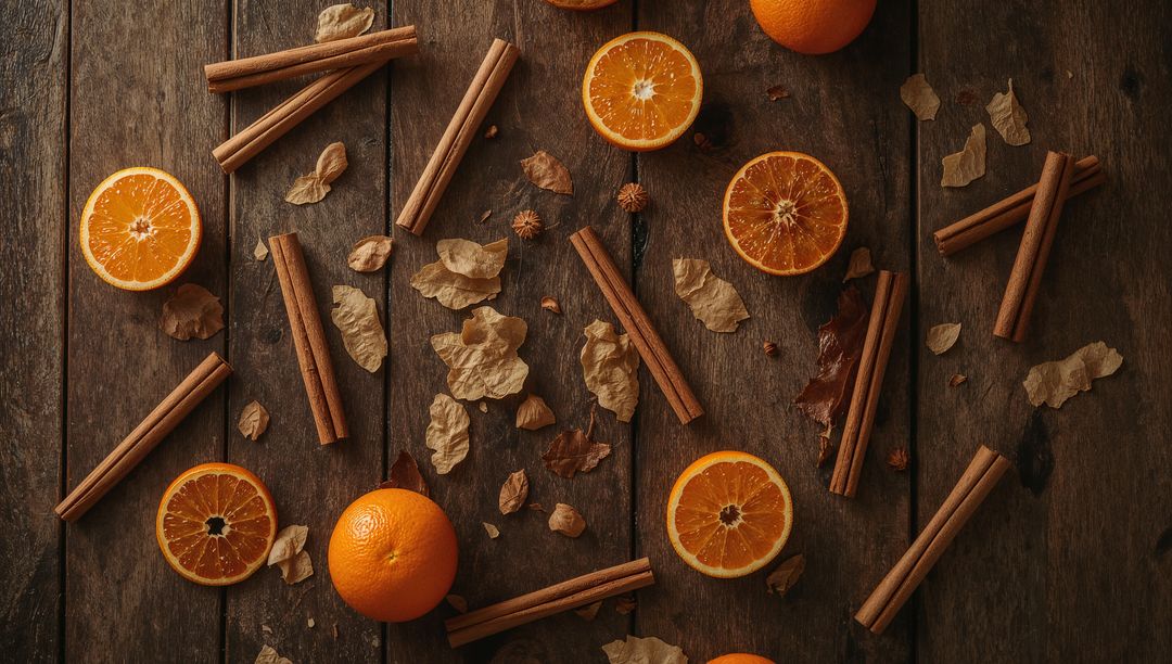 Autumn spice flat-lay featuring halved oranges, whole citrus, cinnamon sticks and star anise on rust