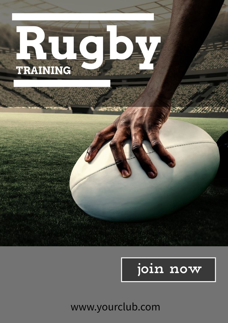 Rugby Training Promotional Poster with Hand Holding Ball in Stadium - Download Free Stock Templates Pikwizard.com