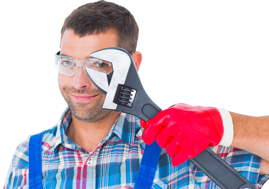 Confident Repairman with Adjustable Wrench Transparent Background