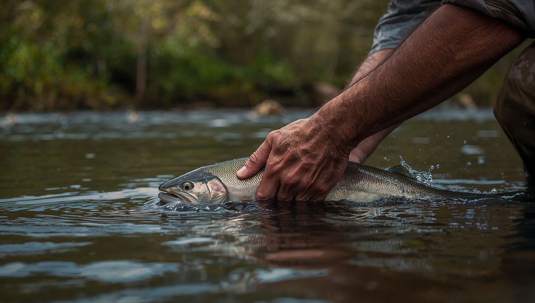 Releasing Silver Trout into Tranquil Forest Stream by Fisherman