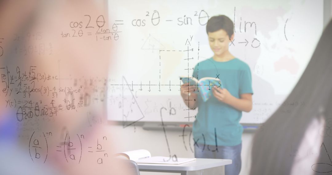 Schoolchildren Learning Mathematics in Class with Overlay of Math Equations
