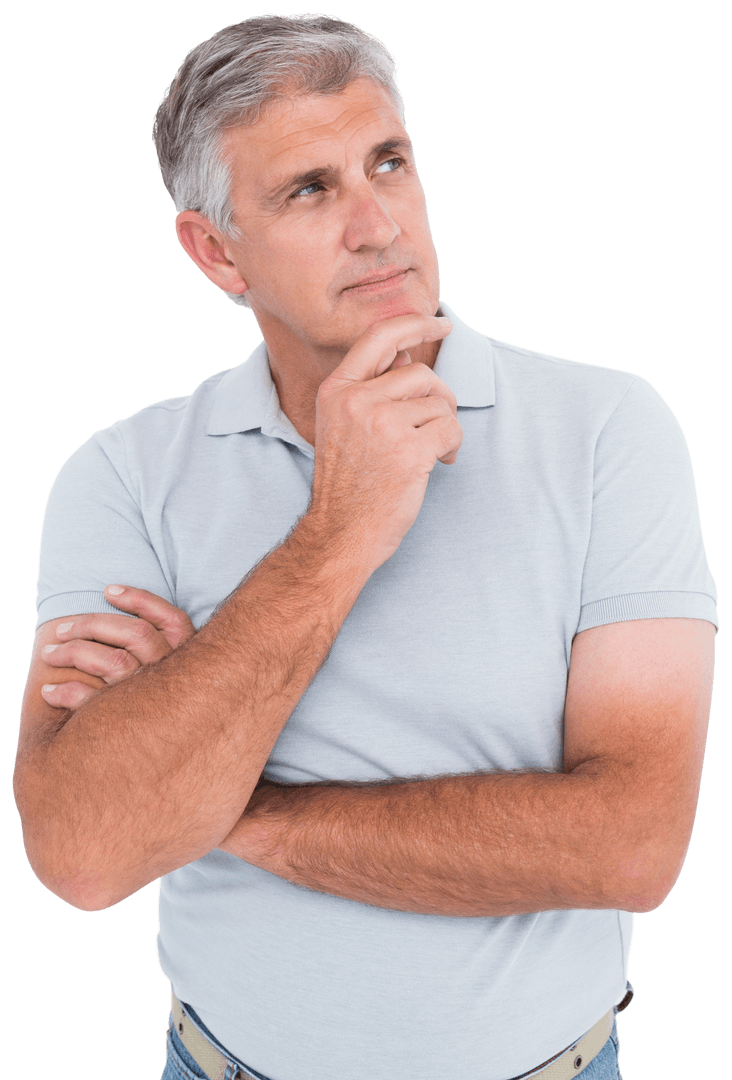 Mature Man Wearing Casual Attire Thinking with Transparent Background