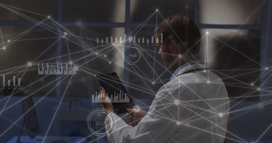 Doctor using tablet with digital network interface overlay