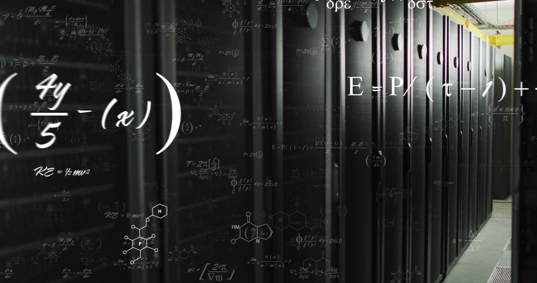 Futuristic Data Center with Mathematical and Chemical Formulas Overlay
