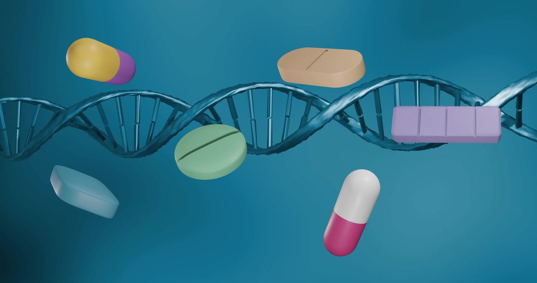 Colorful Pills Hovering Over DNA Strand Illustrating Biotech Concepts