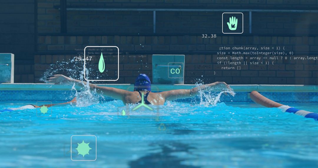 Female Swimmer Performing Butterfly Stroke with Futuristic HUD Overlays