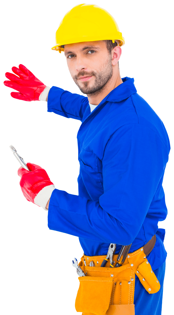 Transparent Construction Worker with Tools and Helmet Pointing