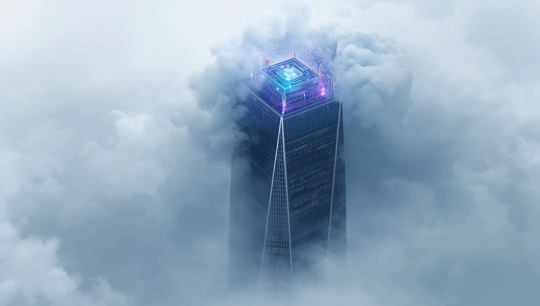 Futuristic skyscraper piercing clouds with neon holographic rooftop and glowing circuits