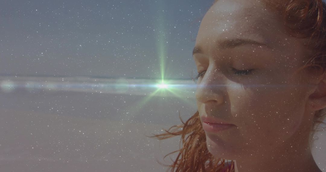 Female Faced Meditating at Shore with Calm Cosmic Reflection