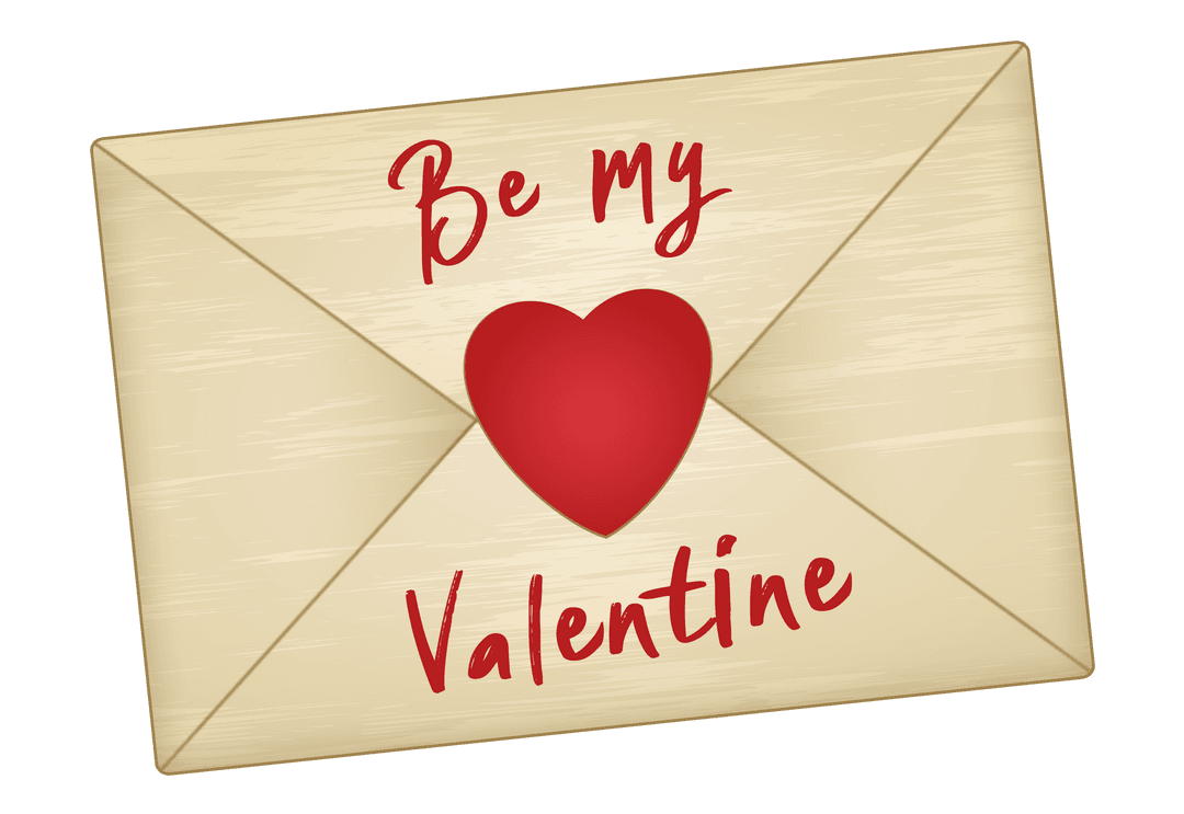 Be My Valentine Envelope with Red Heart on Transparent Background