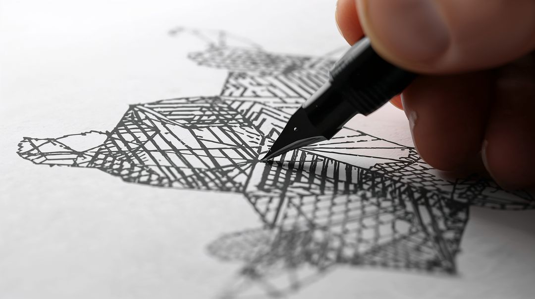 Hand Drawing Geometric Ink Sketch with Fountain Pen Nib Closeup High-Contrast Linework