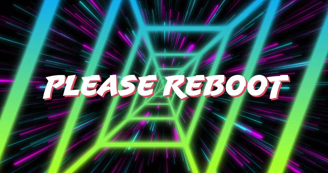 Glowing 3D 'Please Reboot' Text in Neon Futuristic Tunnel
