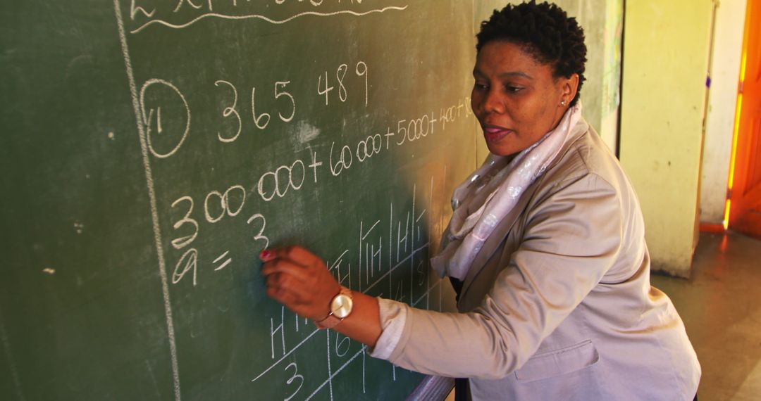 Teacher Writing Equations on Classroom Blackboards During Math Lesson