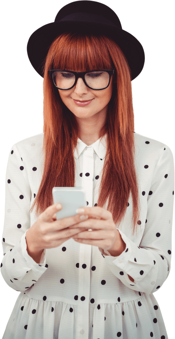 Transparent Hipster Woman Smiling Looking at Smartphone in Hat