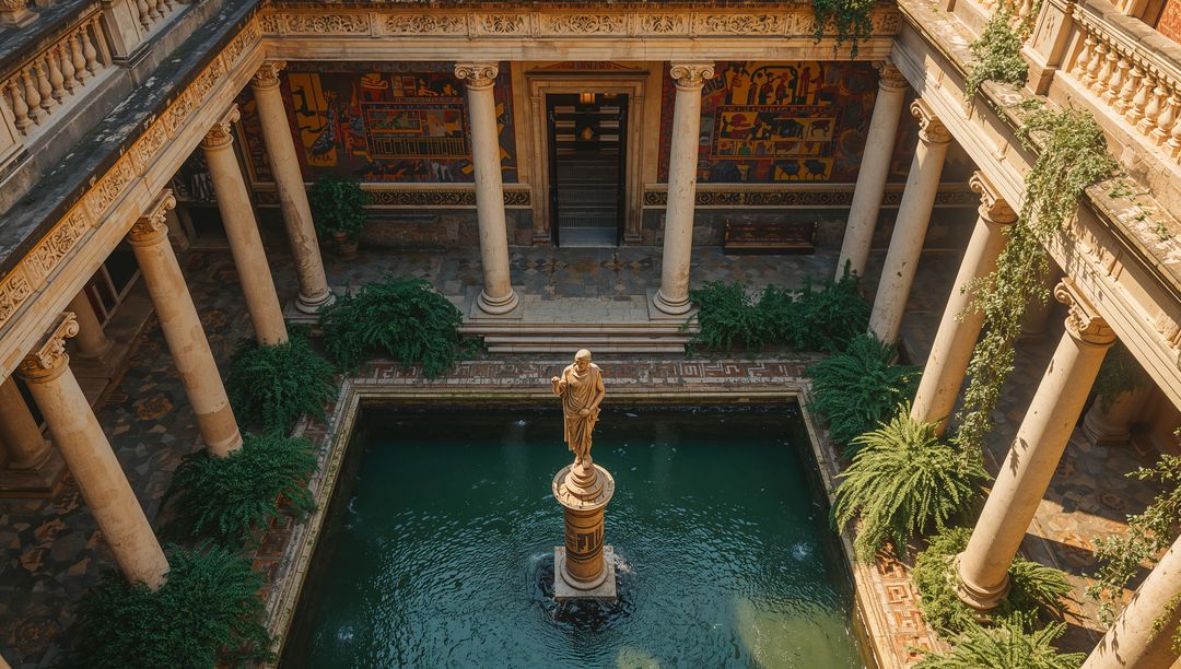 Renaissance Courtyard Fountain with Standing Statue, Colonnade and Mosaic Frieze in Warm Light