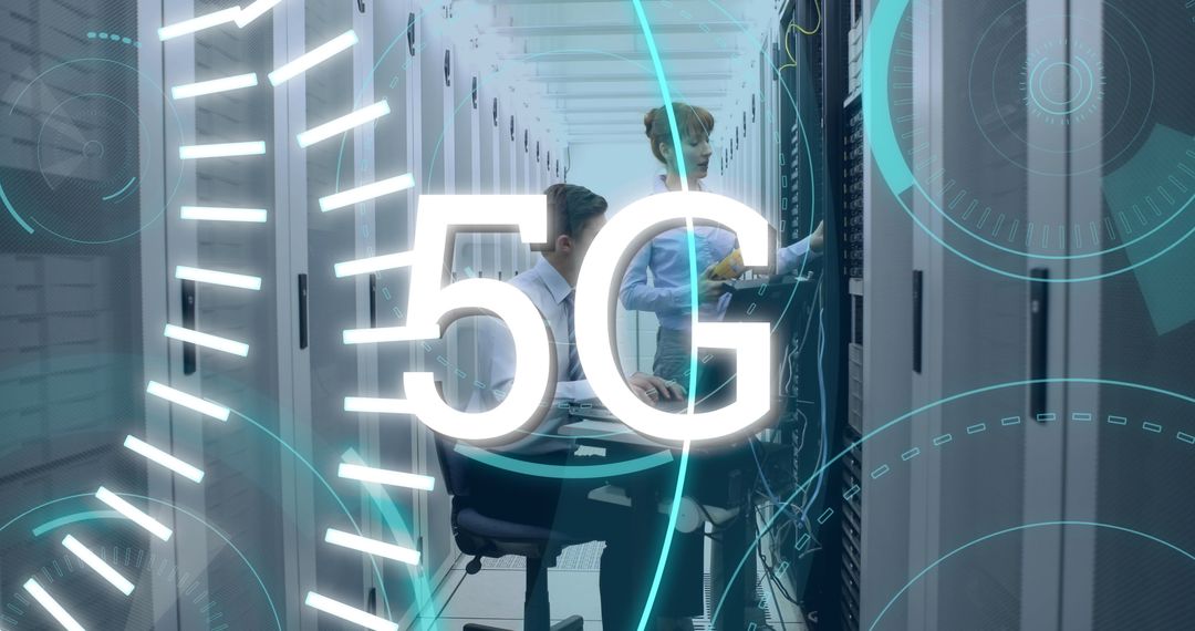Technicians Monitoring 5G Technology in Data Center