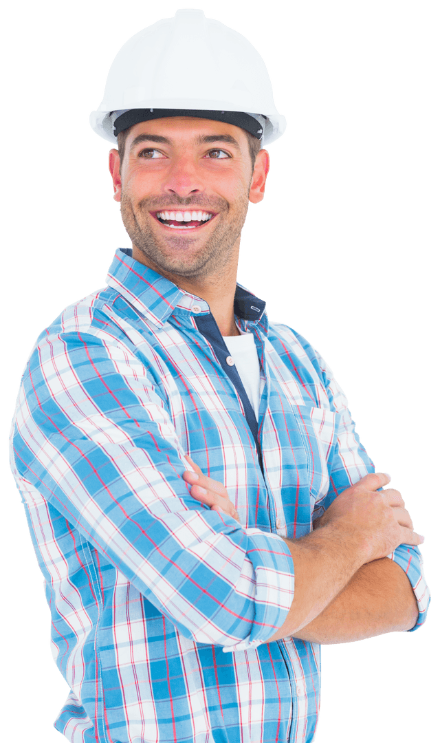 Transparent Worker Standing with Hardhat and Smiling