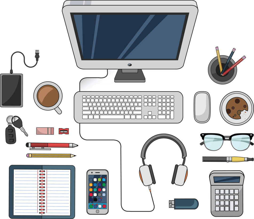 Transparent Computer and Office Tools with Accessories Illustration