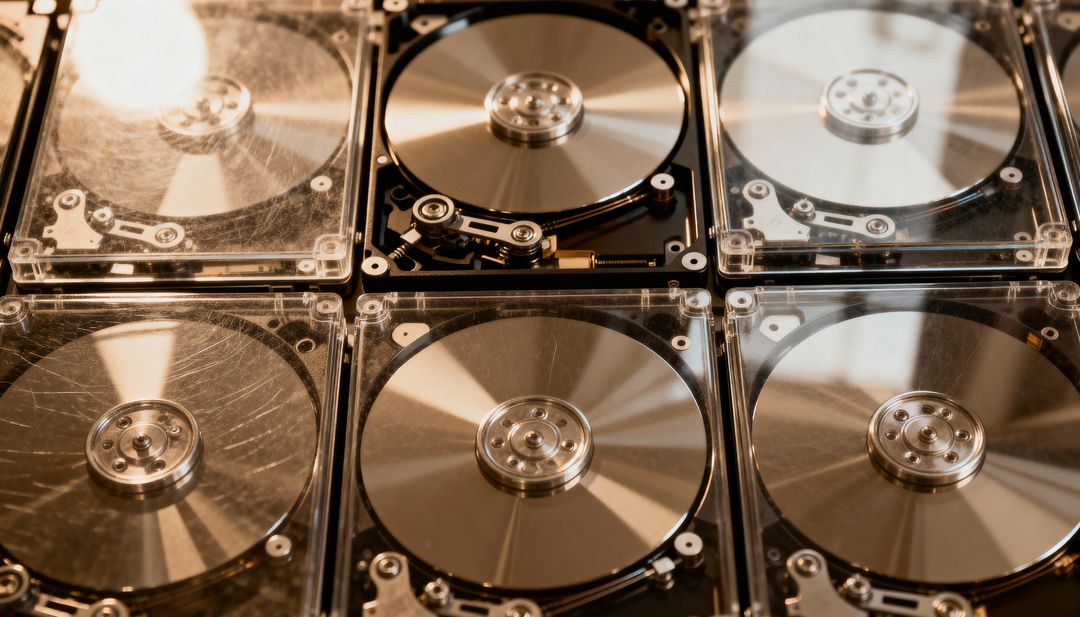 Exposed Hard Drive Platters in Metallic Grid with Reflective Spindles and Actuator Arms