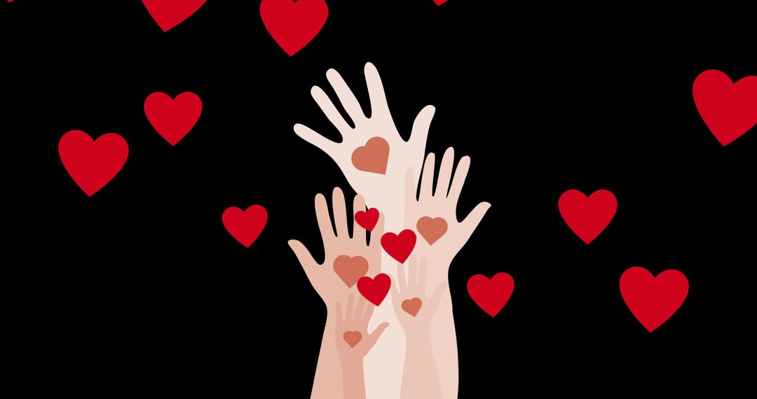 Hands Reaching for Hearts on Black Background