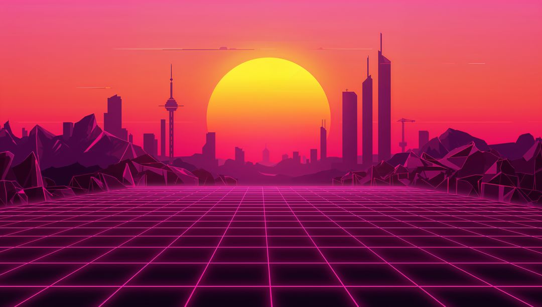 Glowing Neon Sun Setting Behind Synthwave Skyline with Wireframe Grid